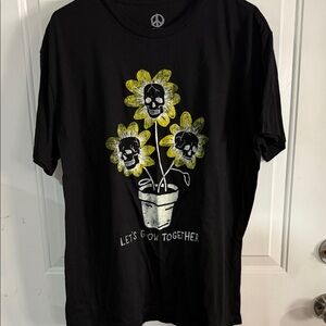 Black Graphic Tee with Yellow Skull Flowers